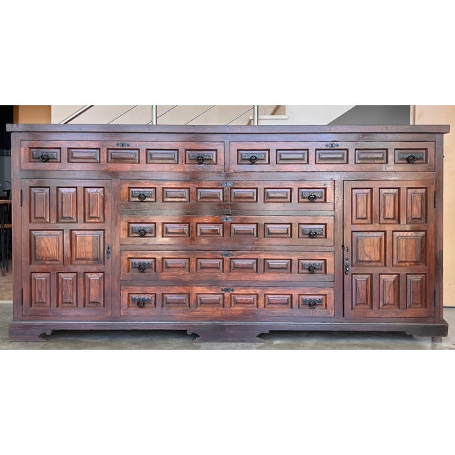Large 20th Church Spanish Baroque Carved Walnut Tuscan Credenza or Buffet For Sale - Image 16 of 18