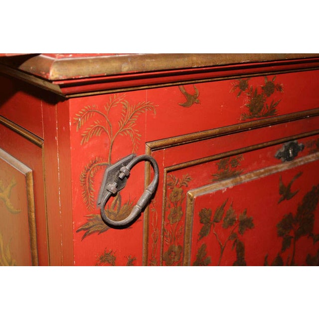 Metal Chinoiserie Red and Gilt Painted Tall Bookcase For Sale - Image 7 of 10