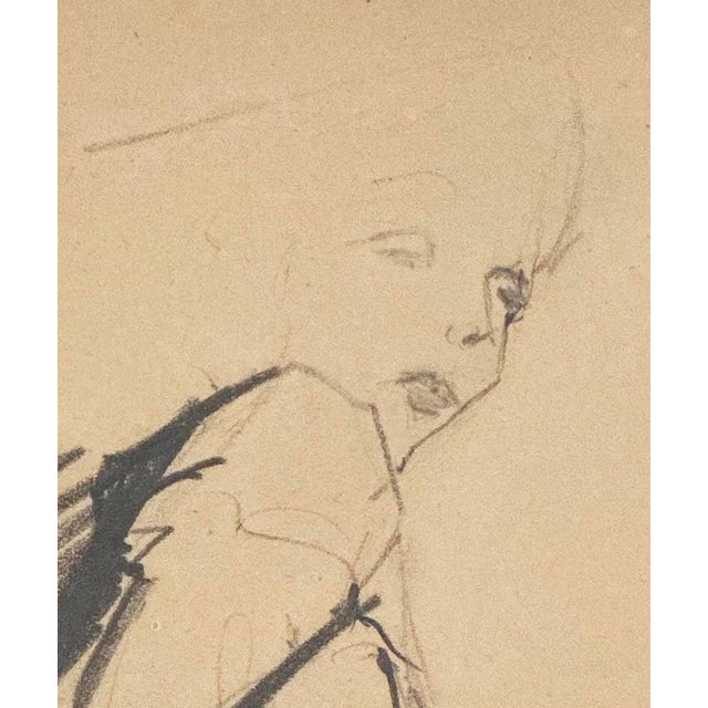 Fantastic vintage mid-century abstract figure drawing in pencil on ochre paper. Origin is France. Comes with acid free mat...