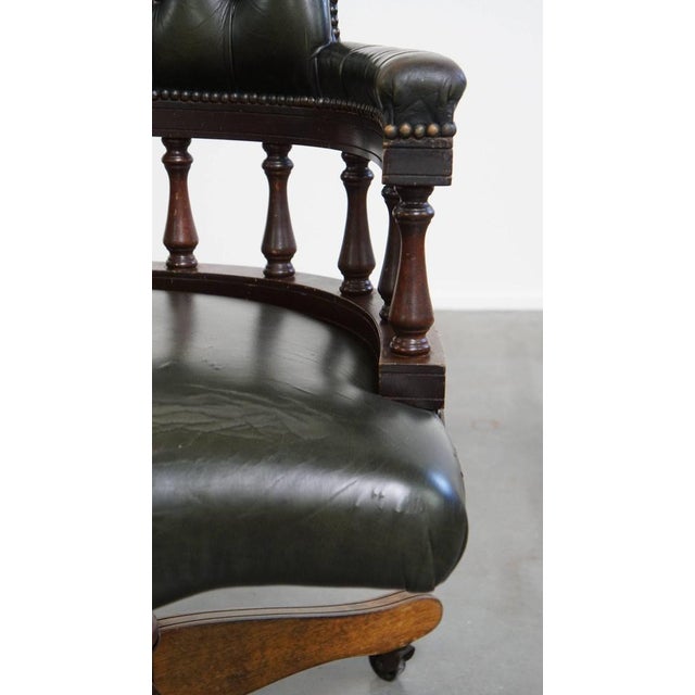 Dark Green Cowhide and Wooden Height Adjustable Swivel and Tilt Chesterfield Office Chair For Sale - Image 9 of 17