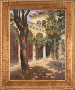 Circa 1900 Courtyard Interior Oil Painting by H. Von Der Planitz, Framed
