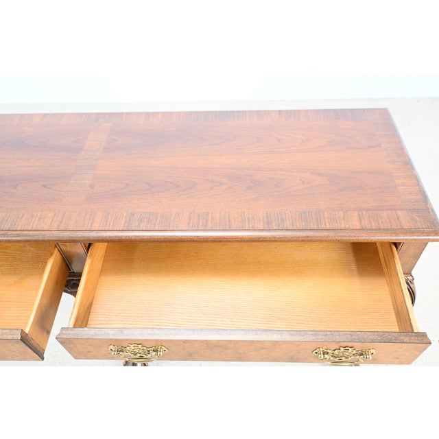 Wood Baker Furniture Chippendale Style Console Table in Banded Cherry With Burled Drawer Fronts For Sale - Image 7 of 13