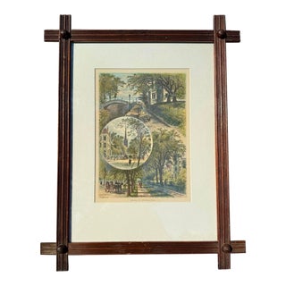 Antique 1870s Hand-Colored Engraving “Brooklyn Street-Scenes” From Picturesque America, in Victorian Crossed-Corner Stick Frame For Sale