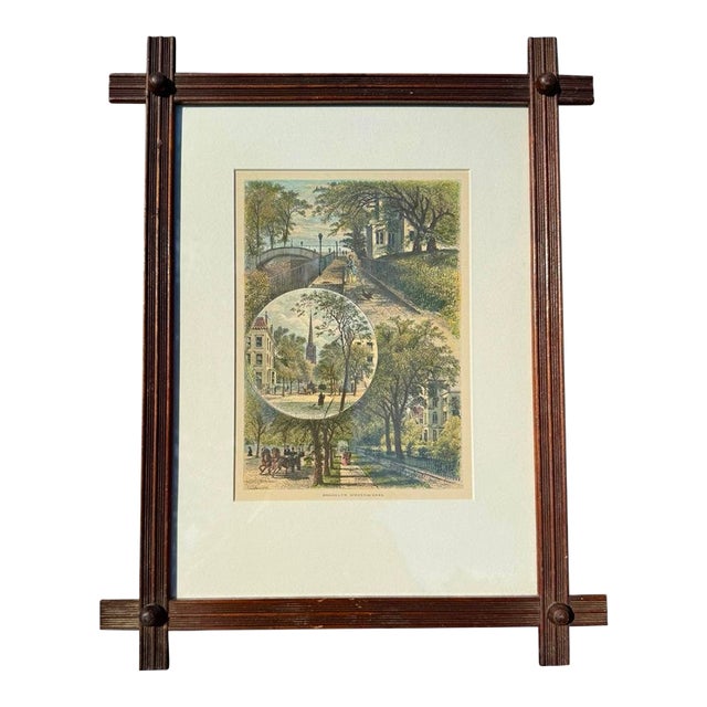 Antique 1870s Hand-Colored Engraving “Brooklyn Street-Scenes” From Picturesque America, in Victorian Crossed-Corner Stick Frame For Sale