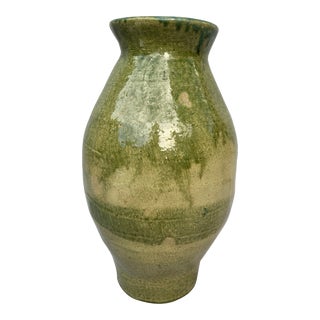 Vintage 90's Green Raku Hand Thrown Pottery Vase For Sale