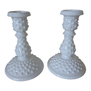 1970s Pair of Fenton White Hobnail Milk Glass Candle Holders For Sale