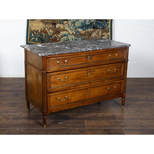 French Directoire Style 19th Century Walnut Commode with Grey Marble Top For Sale - Image 11 of 12