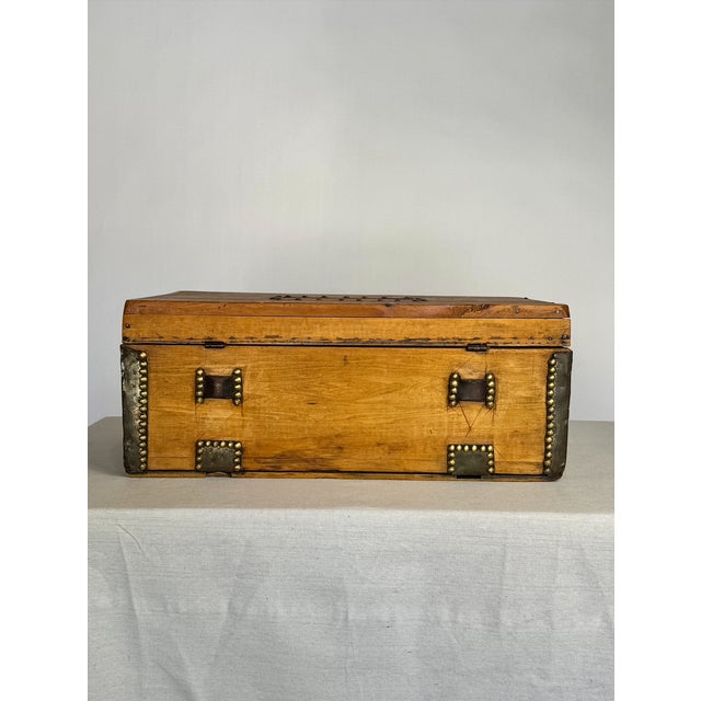 1900s Antique Trunk With Leather and Brass Details For Sale - Image 4 of 9