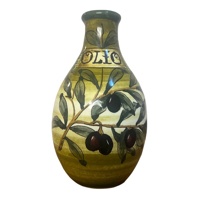 Vintage Italian Ceramic Olive Oil Dispenser Hand-Painted Tuscan "Olio" Cruet Bottle For Sale