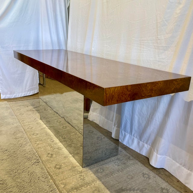 Late 20th Century Burl-Wood and Chrome Console Table Design Styled After Milo Baughman For Sale - Image 5 of 8