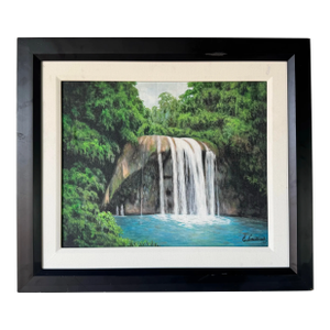 Emile Louisius Tropical Waterfall Landscape Oil on Canvas Painting, Framed