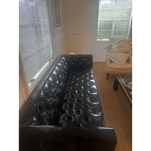 Black Custom Edelman Black Patent Leather Tufted Tuxedo Sofa For Sale - Image 8 of 14