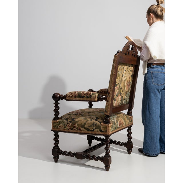 Jacobean Jacobean Oak Upholstered Armchair with Floral Carving, Antique, France, Circa 1880 For Sale - Image 3 of 13