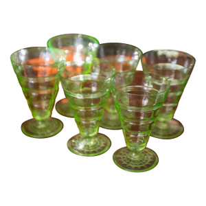 Set of 6 Green Uranium Glass Hazel Atlas Goblets 1930s Circle Pattern