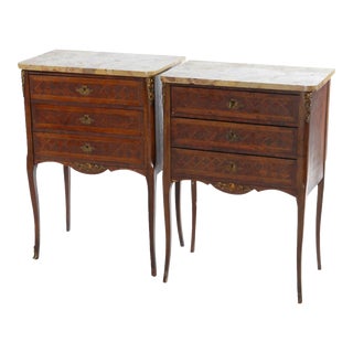 Antique French Kingwood Satinwood Inlaid Marble Top Side Tables circa 1910 - A Pair For Sale
