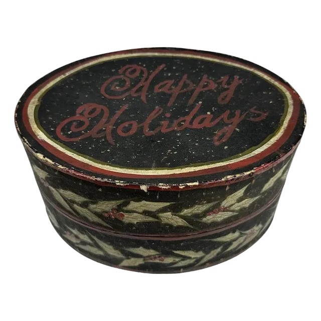 Mid 20th Century Folk Art Hand Painted Christmas Box: Happy Holidays Decor For Sale