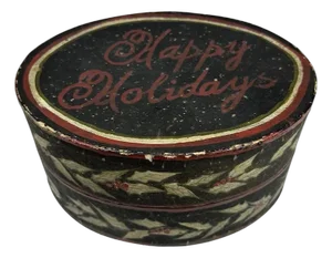 Mid 20th Century Folk Art Hand Painted Christmas Box: Happy Holidays Decor