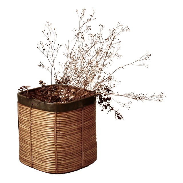 Large Italian Rattan and Brass Planter, 1970s For Sale