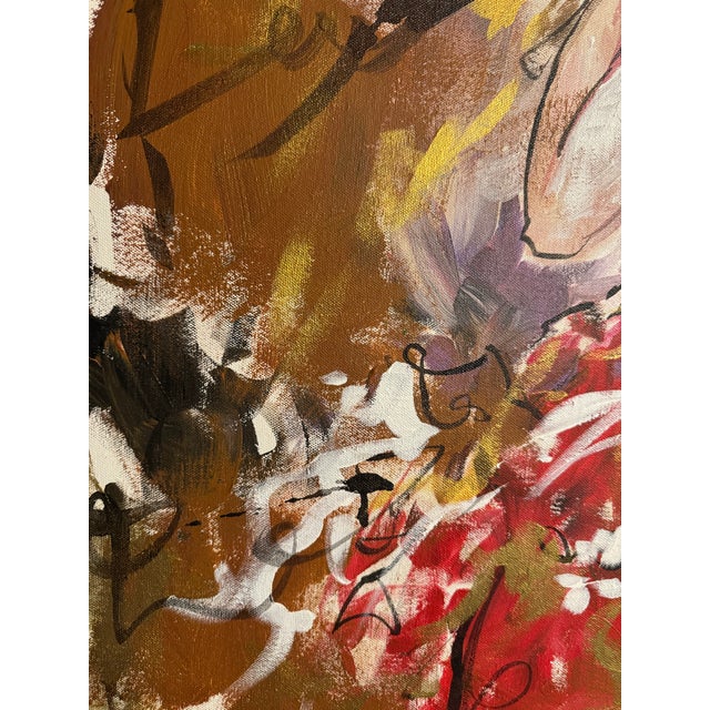 Striking large-scale vintage figurative painting featuring a stylized woman in profile wearing an elaborate headdress,...