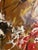 Striking large-scale vintage figurative painting featuring a stylized woman in profile wearing an elaborate headdress,...