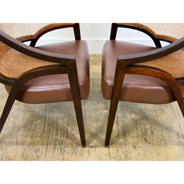 Dunbar Furniture Edward Wormley for Dunbar Y Back Captains Chairs - Mid Century Rosewood + Leather + Cane For Sale - Image 4 of 12