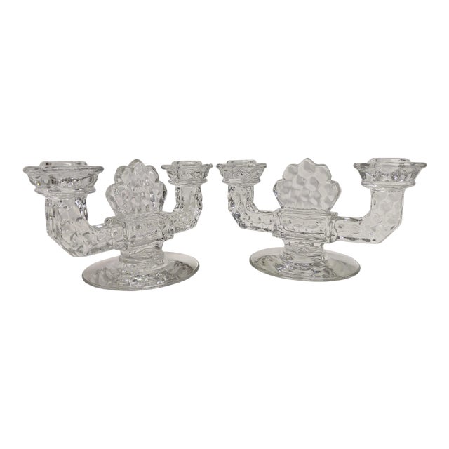 Vintage Fostoria Glass Double Arm Candlesticks - A Pair For Sale