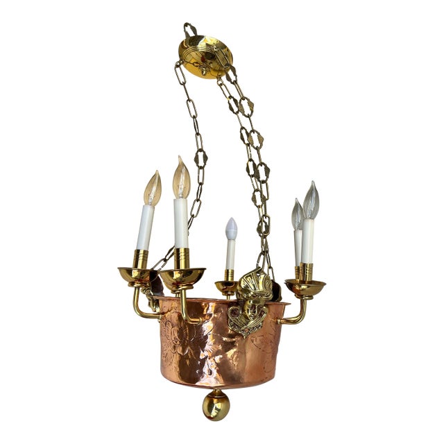 Mid 20th Century Hanging Copper Pot 6 Light Chandelier For Sale