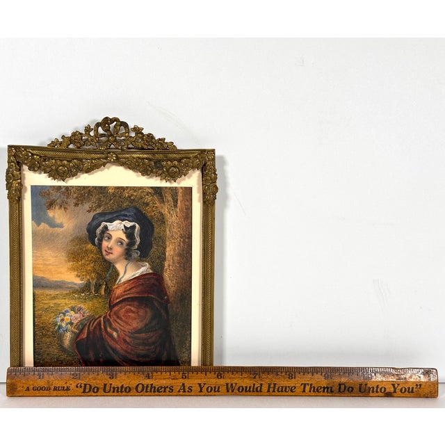 Antique Miniature Portrait Painting of Young Lady in Gilded Ribbon Crest Bow Frame For Sale - Image 17 of 18