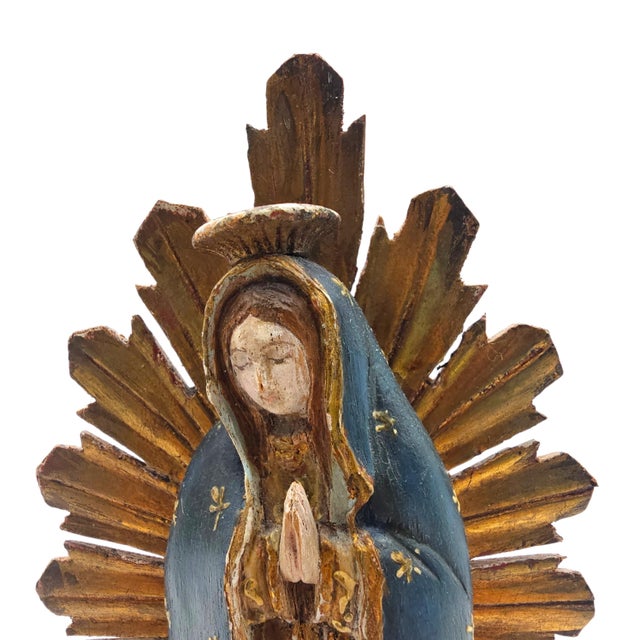Mid-Century Mexican Our Lady of Guadalupe Carved Wood Devotional With Gilt Sunburst, 9" For Sale - Image 4 of 10