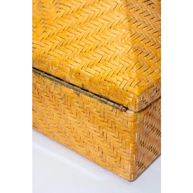 Amber Vintage Woven Leather and Wood Hinged Monumental Box Rattan Style Pagoda Style For Sale - Image 8 of 15