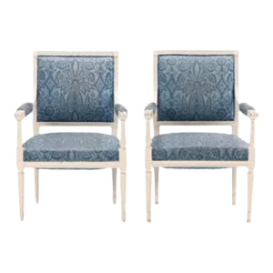 Pair of Louis XVI Style Painted Dining Chairs With Blue Fabric