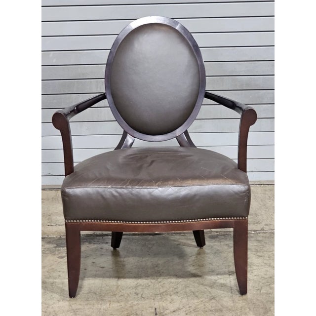 Store Item: Oval X-Back Arm Chair Barbara Barry for Baker Furniture Brown Leather Fabric Description: Chair feature a...