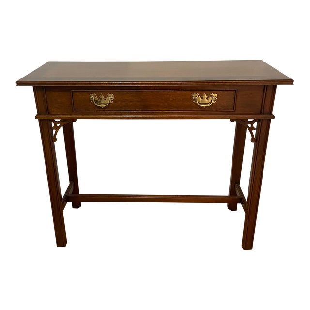 Vintage Late 20th Century Councill Hall Table With ChippendaleFretwork Trim and Banded Mahogany Top For Sale