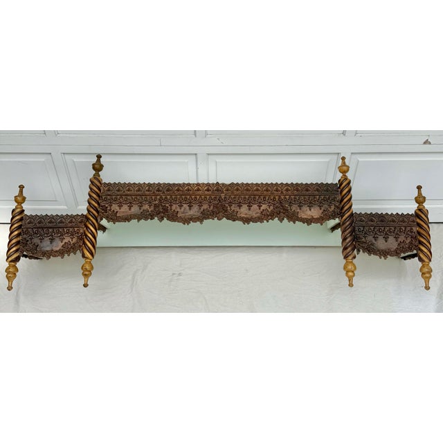 Here is a stunning, Anglo-Indian wall-mounted bed canopy/valance that features embossed bronze and gold finished metal...