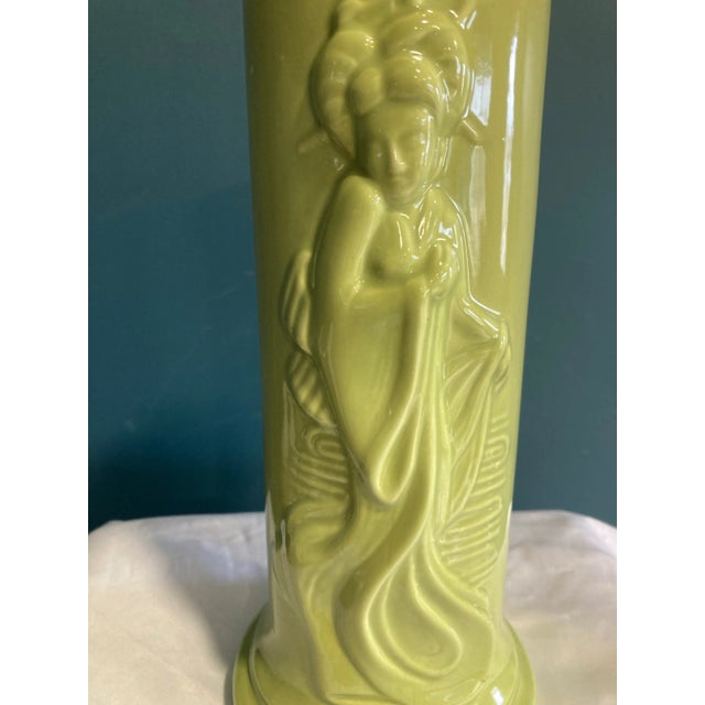 Vintage Chartreuse Green Ceramic Vase With Asian Woman Relief For Sale In Oklahoma City - Image 6 of 10