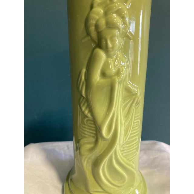 Vintage Green Ceramic Vase With Embossed Geisha Motif For Sale In Oklahoma City - Image 6 of 10