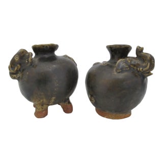 Khmer Cambodian Elephant Stoneware Lime Betel Nut Pot Pair For Sale