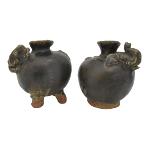 Khmer Cambodian Elephant Stoneware Lime Betel Nut Pot Pair