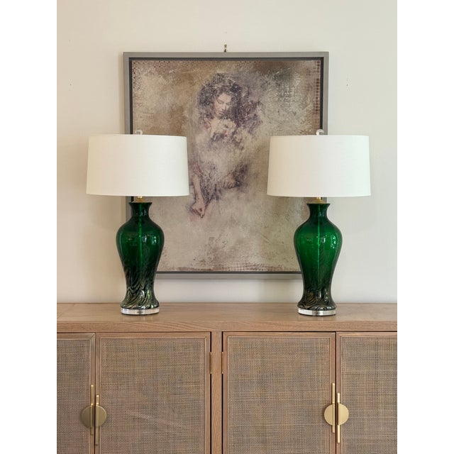 Emerald Green Vintage Murano Lamps With Iridescent Glass Swirl Effect For Sale - Image 12 of 12