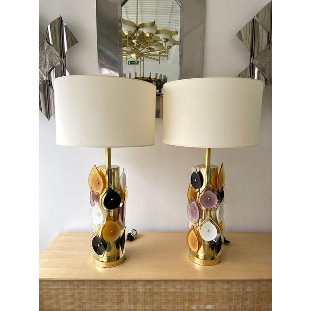 Contemporary Brass Murano Glass Flame Lamps, Italy - a Pair EU Wired For Sale - Image 11 of 13