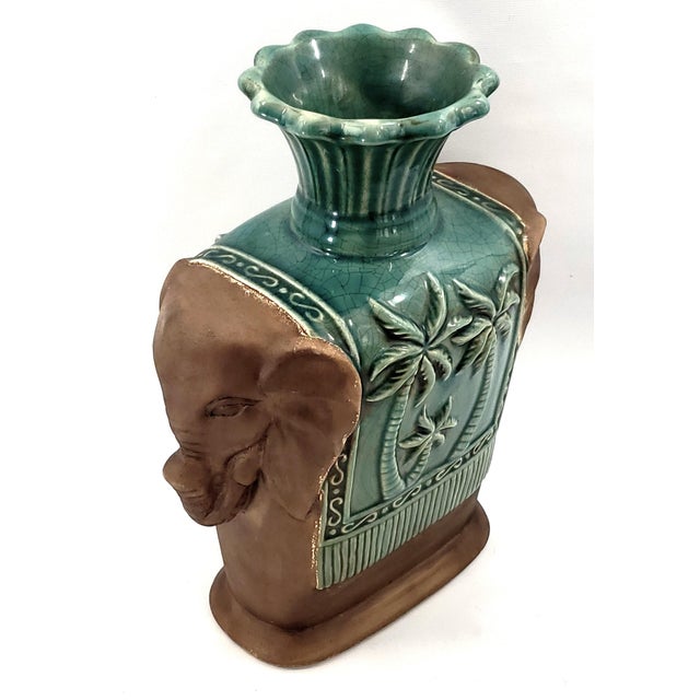 Large Vintage Ceramic Elephant Vase With Brown Matte Glaze and High Gloss Teal Glaze in Center