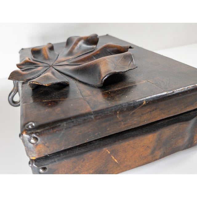 Brown Mid-Century Folk Art Patchwork Leather Box With Gingko Leaf Design For Sale - Image 8 of 12