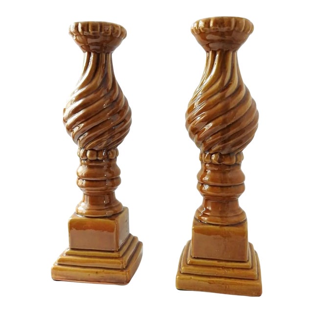 1990s Large Umber Yellow Ceramic Pillar Candle Holders- a Pair For Sale
