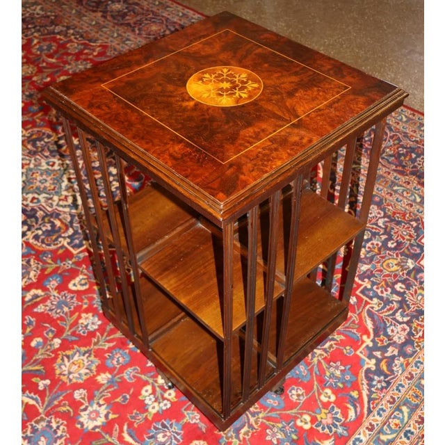 Brown 1960s English Edwardian Burl Wood Inlaid Revolving Bookcase For Sale - Image 8 of 11