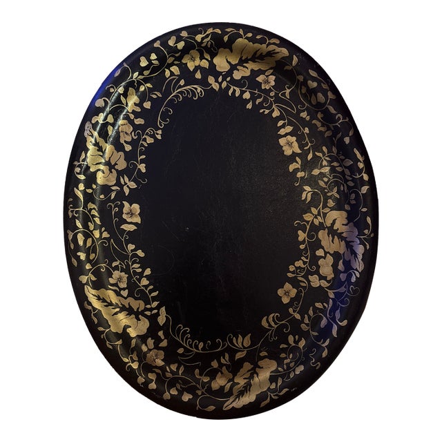 Antique French Tole Peinte Du Lac Toleware, Lacquered & Gilt Tinned Metal Tray, Decorator Signed For Sale