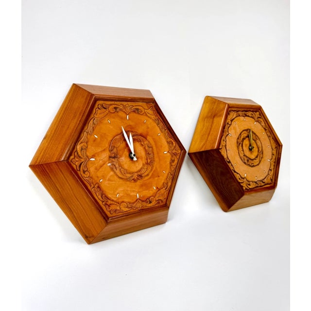 1960's Hexagon Wood & Tooled Leather Wall Clocks – Working Pair For Sale - Image 9 of 16