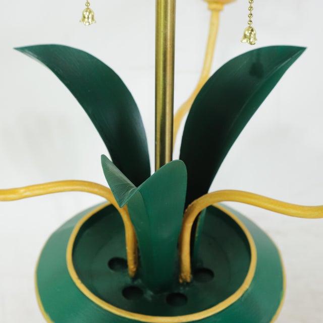 Green Vintage Brunschwig & Fils Green Tole Flower Table Lamps, Yellow and Pink Tulip Design - a Pair For Sale - Image 8 of 11