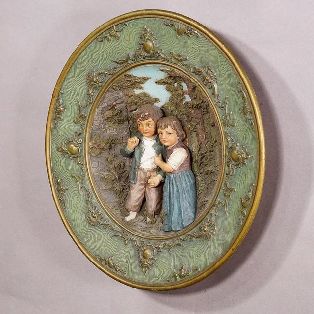 Terracotta Wall Plate with Whimsy Children in Farmer Costumes by Johann Maresch, 1890s For Sale - Image 3 of 12
