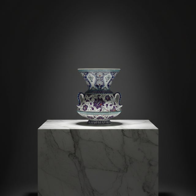 Purple Handmade Ceramic Tri Handled King Vase (30cm) Purple and Turquoise Hatai Pattern For Sale - Image 8 of 8