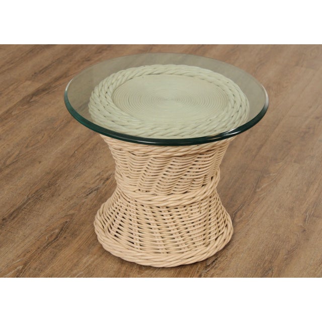 High Quality Vintage Woven Wicker Hourglass Form Pedestal End Table with Round Glass Top, Most Likely by Ficks Reed (Not...